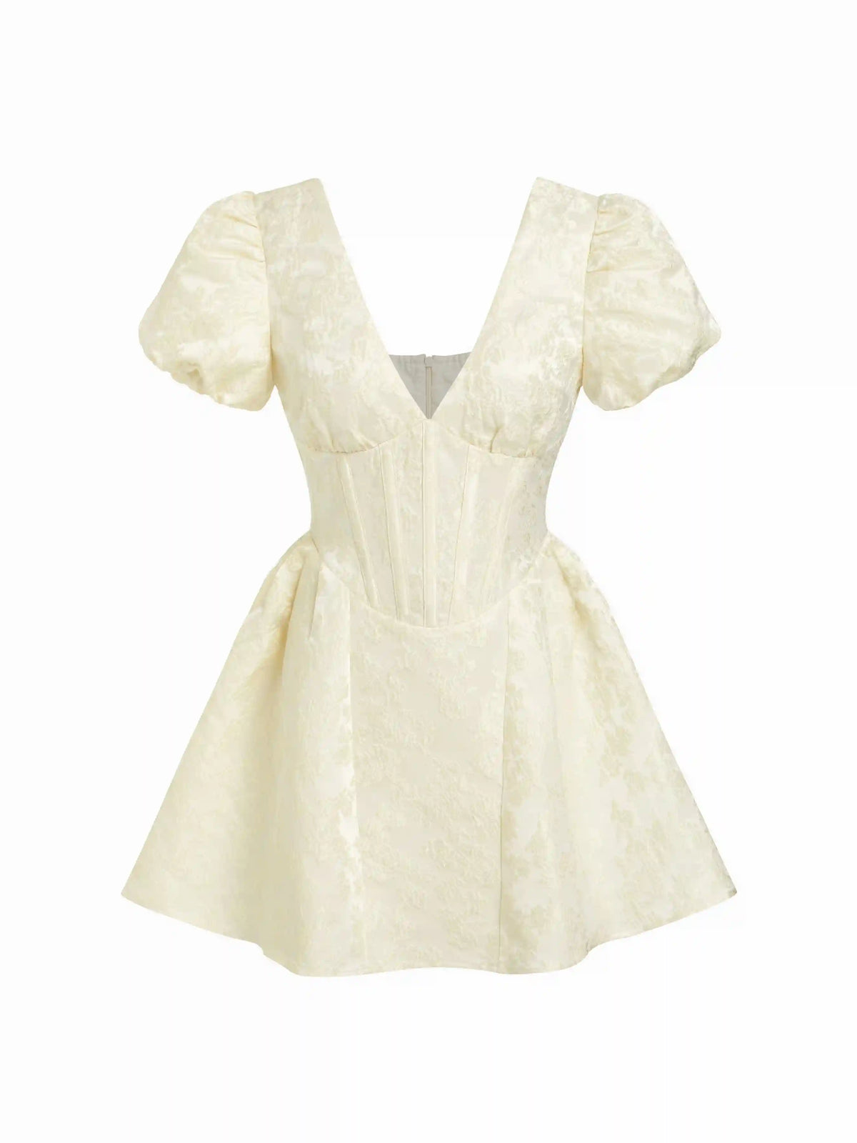 Jacquard Sculptural V-neck Puff Sleeve Corset Flared Mini Dress