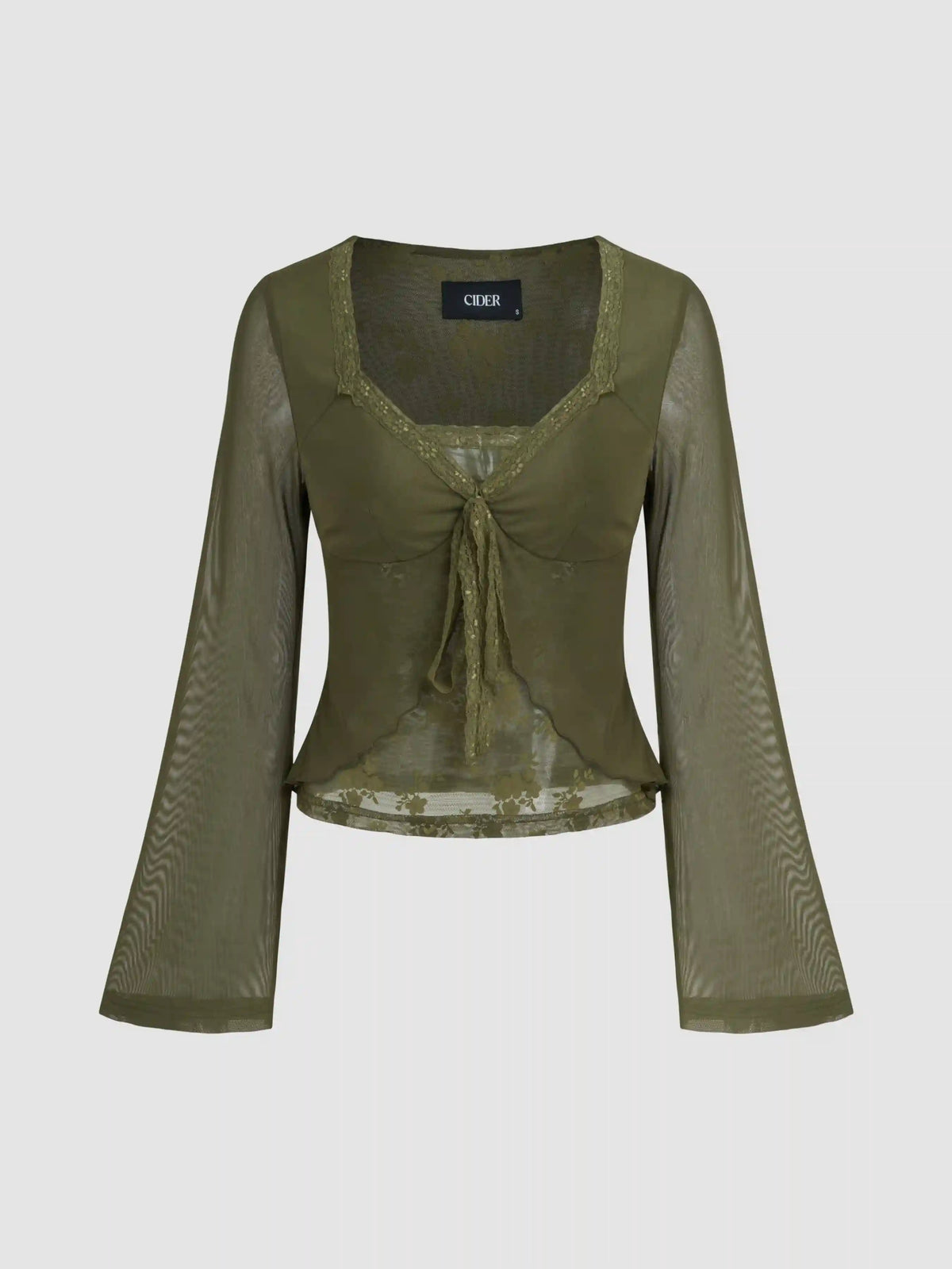 V-neck Solid Lace Trim Knotted Lettuce Trim Long Sleeve Top