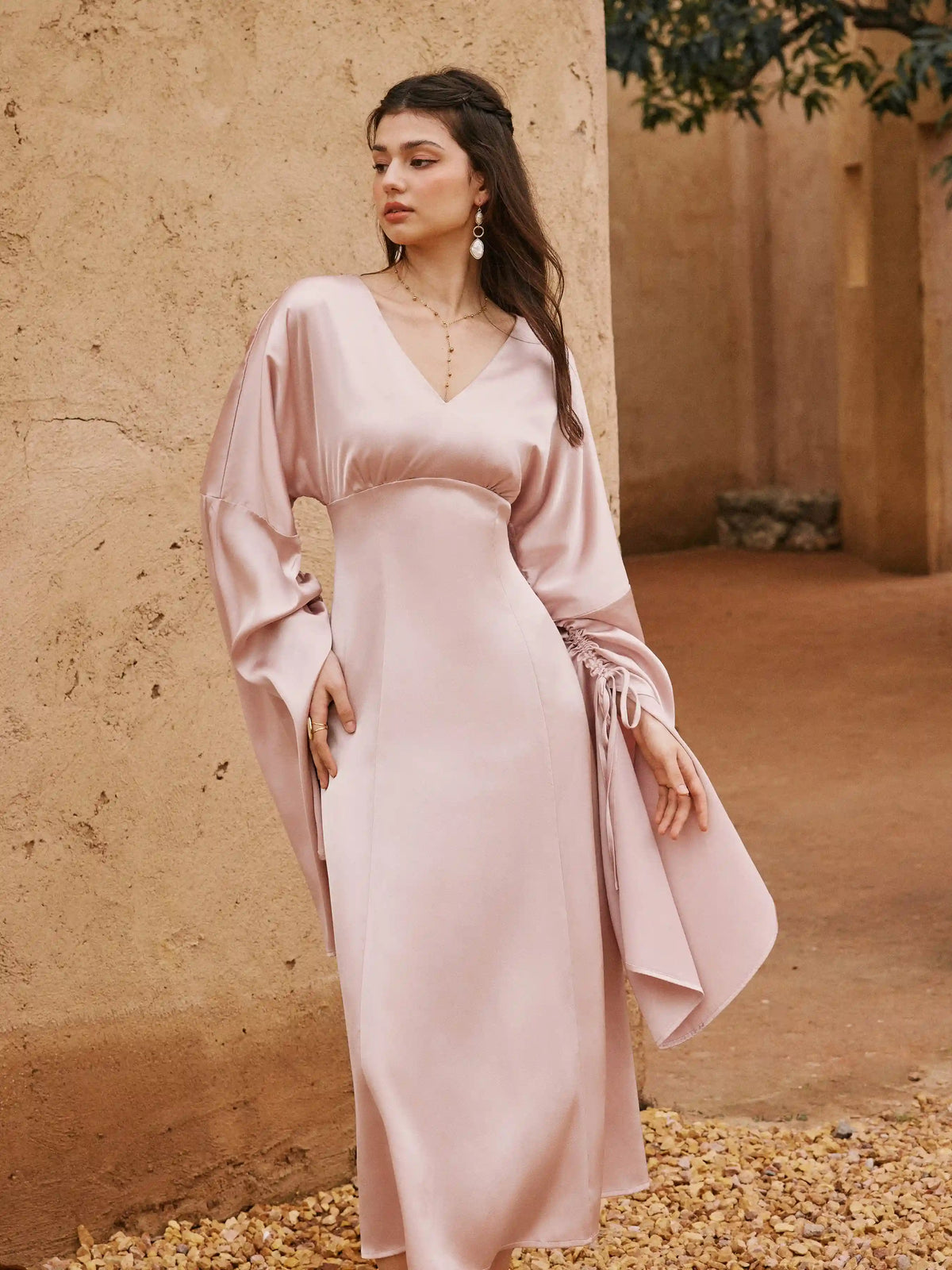 Satin V-neck Bell Sleeve Drawstring Flared Maxi Dress