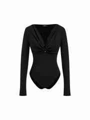 V-neck Long Sleeve Ruched Bodysuit