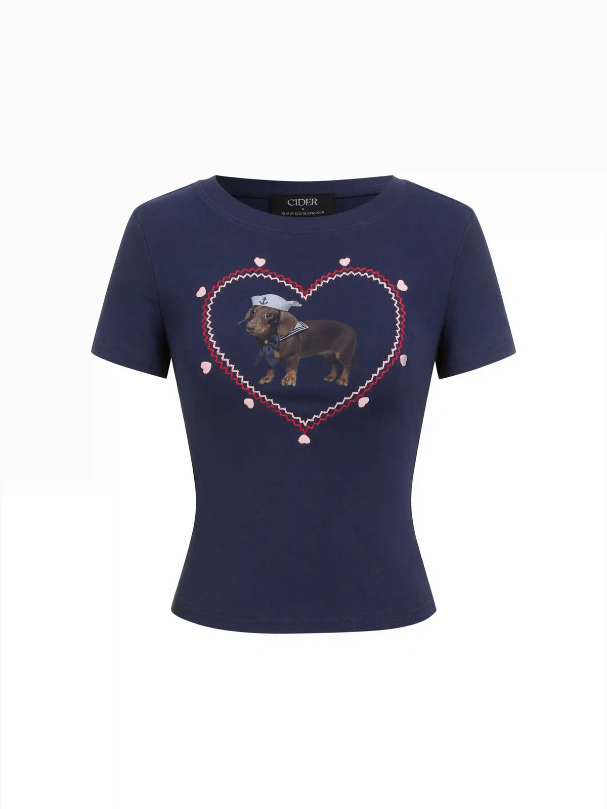 Cotton-blend Heart & Dog Graphic Embroidery Short Sleeve Top