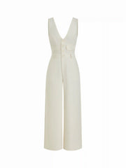 V-neck Button Front High Rise Straight Leg Jumpsuit