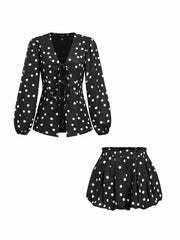 Polka Dot Tie Front Bow Lantern Sleeve Top & Mid Rise Barrel-leg Shorts Set