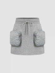 Terry Mid Rise Zipper Pocket Knotted Mini Skirt