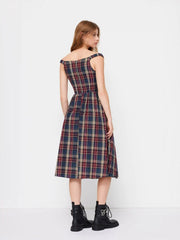 Cotton Plaid Off-shoulder Button Front Ruffle Midi Dress