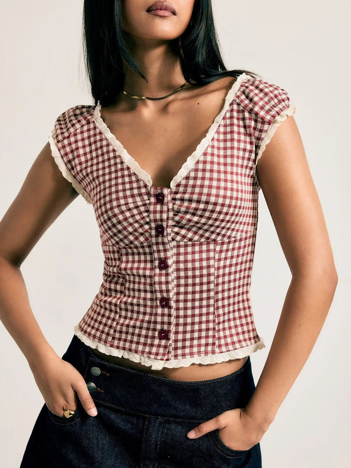 Jacquard Gingham Sweetheart Raglan Sleeve Ruched Top