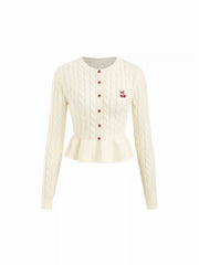 Cable Knit Cherry Embroidery Long Sleeve Ruffle Hem Cardigan