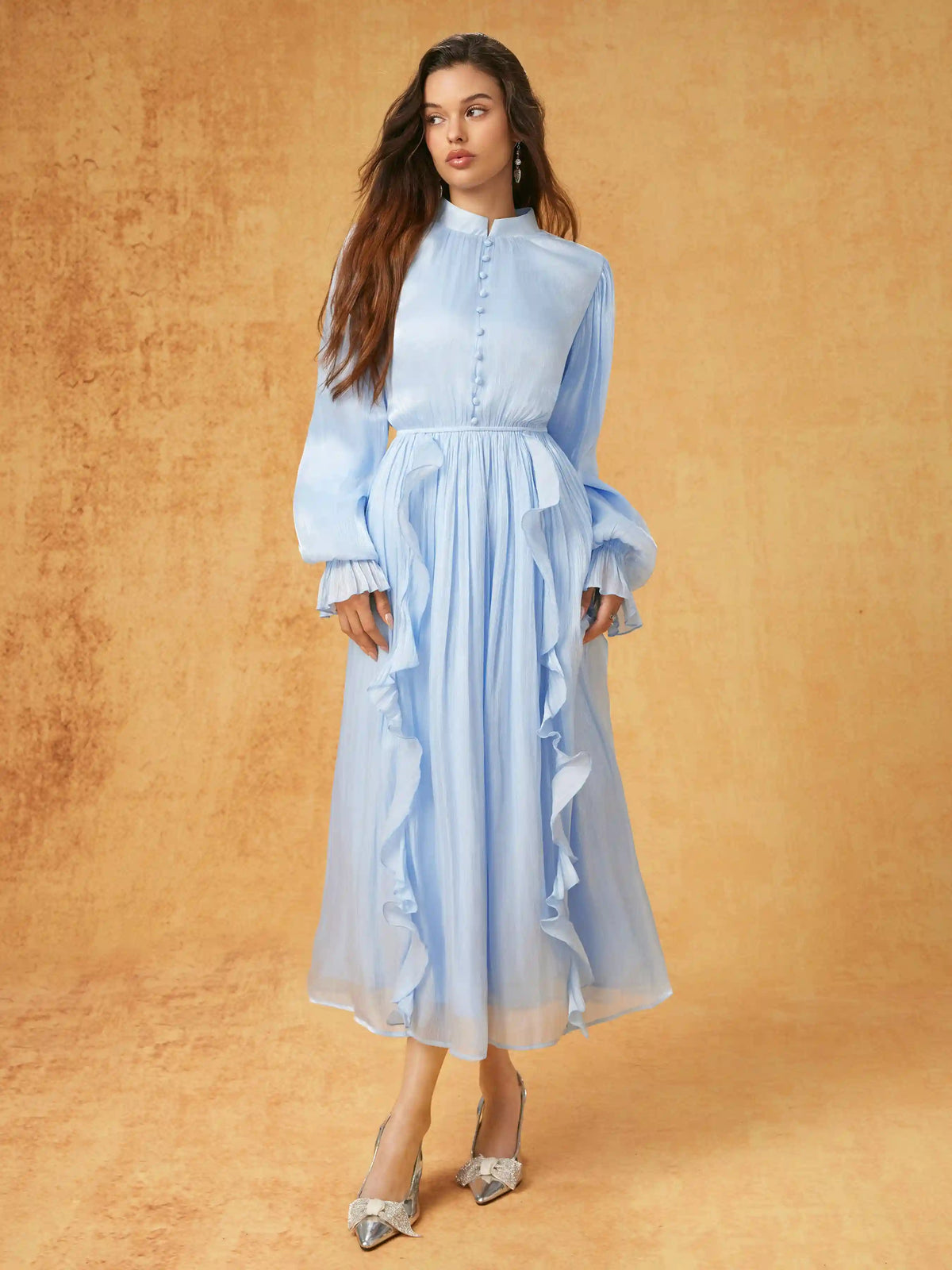 Stand Collar Lantern Sleeve Ruffled Belted Flared Maxi Dress