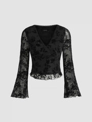 Lace Floral V-neck Long Sleeve Crop Blouse