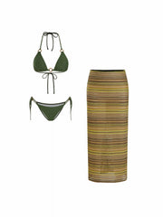 Halter Neckline Ring Linked Tie Side Triangle Bikini Set With Stripe Beach Skirt