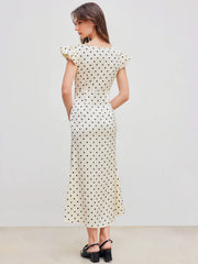Woven Sweetheart Polka Dot Lace Trim Maxi Dress