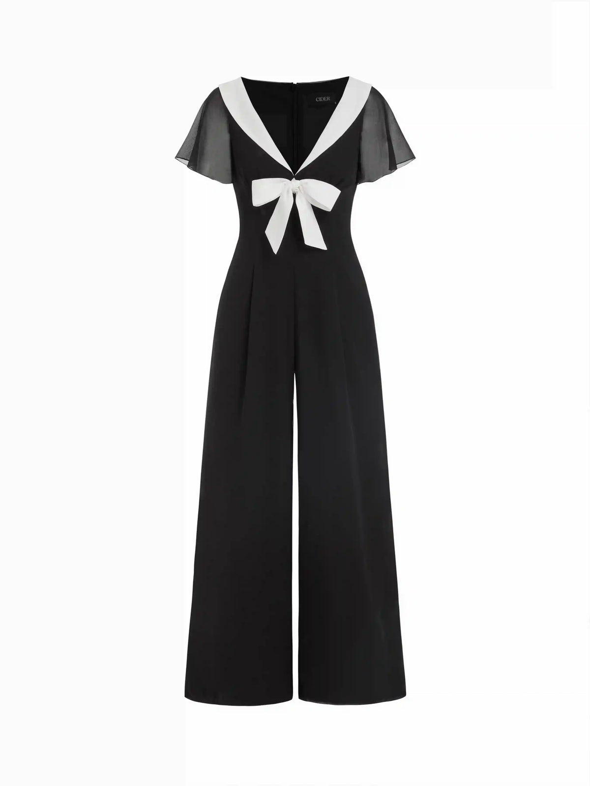 Chiffon V-neck Colorblock Ruffle Sleeve Bowknot Ruched Wide Leg Jumpsuit