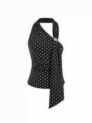 Cotton Polka Dot Halter Neck Asymmetrical Crop Top with Metal Detail