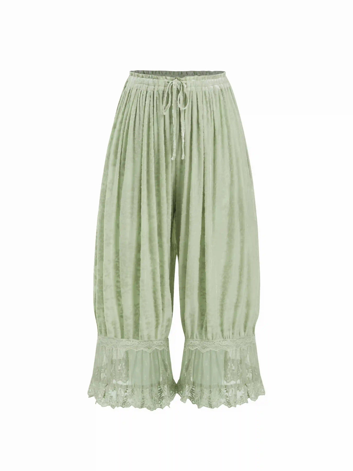 Velvet Floral Lace Trim Drawstring Cropped Bloomer Pants