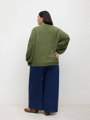 Knit Round Neckline Leaf Braid Oversized Sweater Curve & Plus