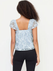 Textured Floral Square Neck Puff Sleeve Bowknot Lace Trim Blouse
