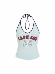 Cape Cod 25 Cotton-blend Graphic V-neck Backless Halter Top