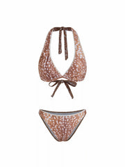 Halter Neckline Animal Lace Trim Bikini Set