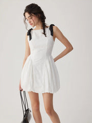 Cotton Boat Neck Embroidery Bowknot Ruched Bubble Mini Dress