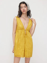 Cotton V-neck Lace Trim Tie Front Knotted Romper