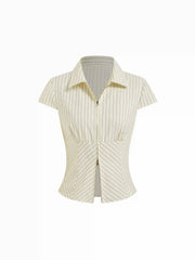 Cotton-blend Stripes Collar Zip Front Short Sleeve Blouse