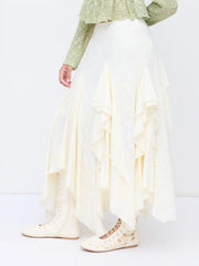 Lace Mid Rise Asymmetrical Ruffle Hem Maxi Skirt
