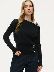 Knit Asymmetrical Neck Long Sleeve Metal Button Top