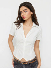 Stretch Cotton-blend Lace Trim Blouse
