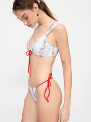 Strawberry Floral V-Neck Tie Front Bracelet Bikini Set With Scrunchie
