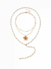 FLOWER & FAUX PEARL LAYERED NECKLACE