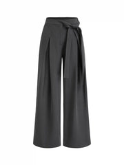 Mid Rise Pleated Tie Side Straight Leg Trousers