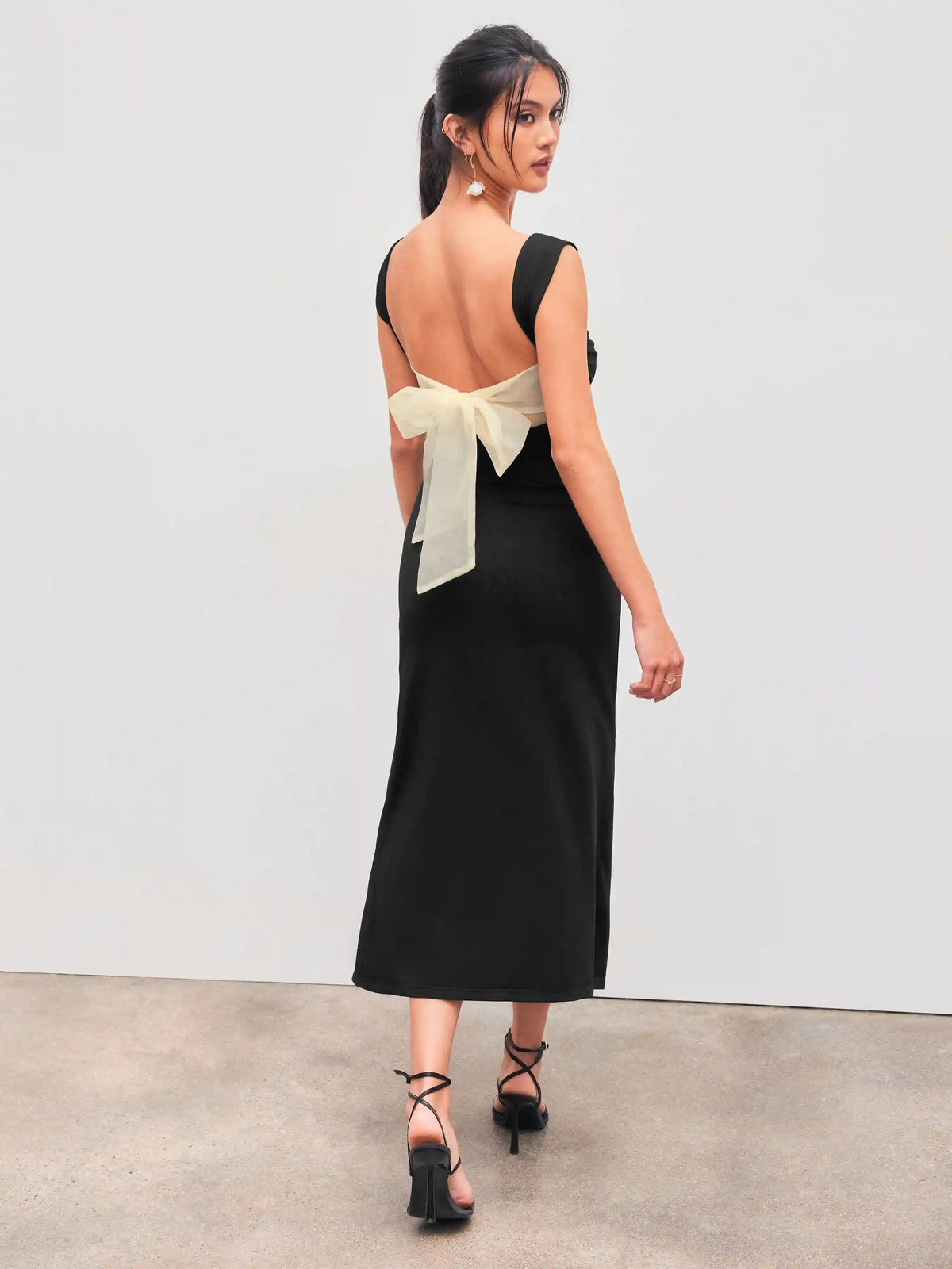 Square Neck Ruched Split Bowknot Maxi Dress