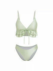 V-neck Ruffle Hem Tie Front Triangle Low Rise Cheeky Bikini Set