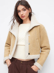 Faux Shearling Collar Metal Button Oversized Cropped Jacket