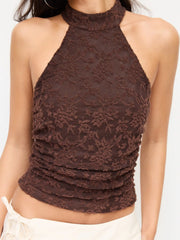 Lace Halter Neck Ruched Backless Pearl Detail Top