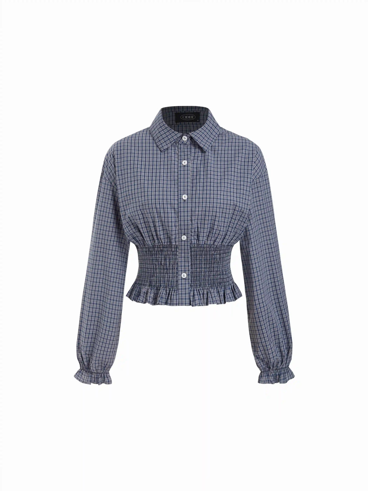 Cotton-blend Gingham Shirred Waist Ruffled Hem Blouse