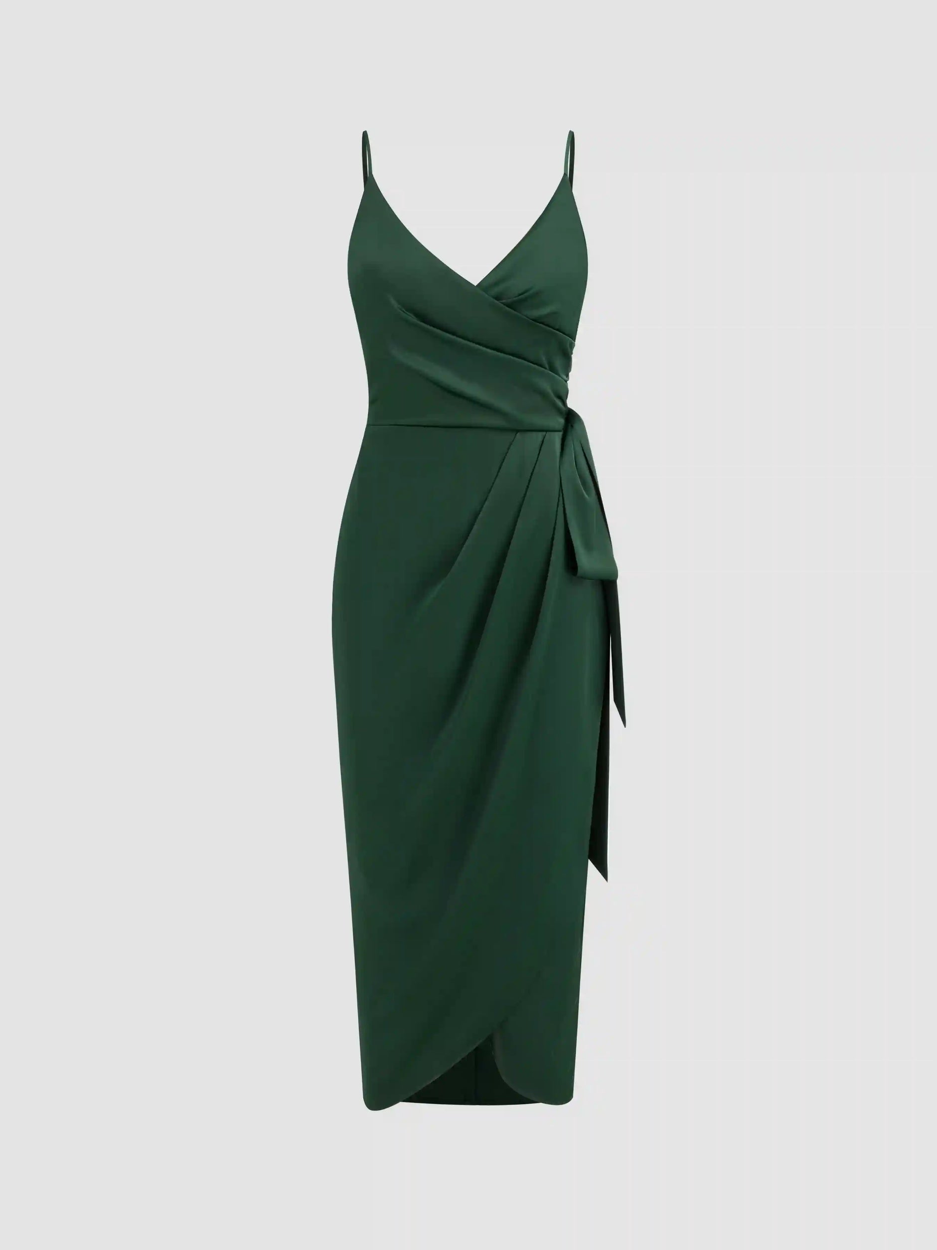 Satin V-neck Wrap Knotted Maxi Dress