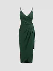 Satin V-neck Wrap Knotted Maxi Dress