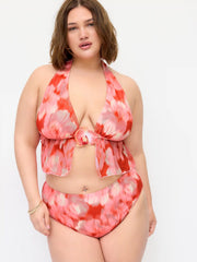 Floral Halter Neck Peplum Top & Mid Rise Shorts Bikini Set With Ruched Cover Up Skirt Curve & Plus