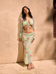 Halter V-neck Tie Side Bikini Set With Floral Cover Up Set