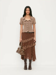 Jacquard Houndstooth Button Short Sleeve Blouse