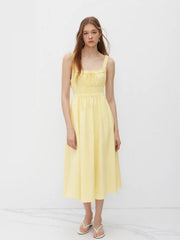 Linen-blend Lettuce Trim Knotted Shirred Cami Midi Dress