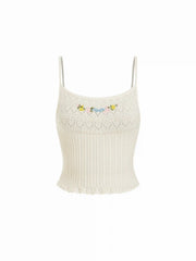 Knit Pointelle Floral Embroidery Square Neck Crop Cami Top