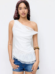 Textured Asymmetrical Ruffled Lace Trim Tank Top