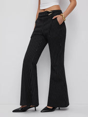 Mid Rise Striped Metal Detail Flared Trousers