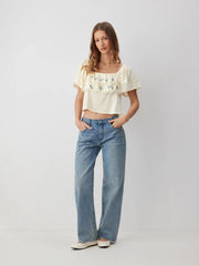 Cotton-blend Floral Embroidery Square Neck Ruffle Sleeve Blouse