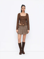 Suede Square Neck Long Sleeve Asymmetrical Hem Button Jacket