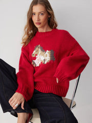 Knit Horse Jacquard Long Sleeve Bowknot Oversized Sweater