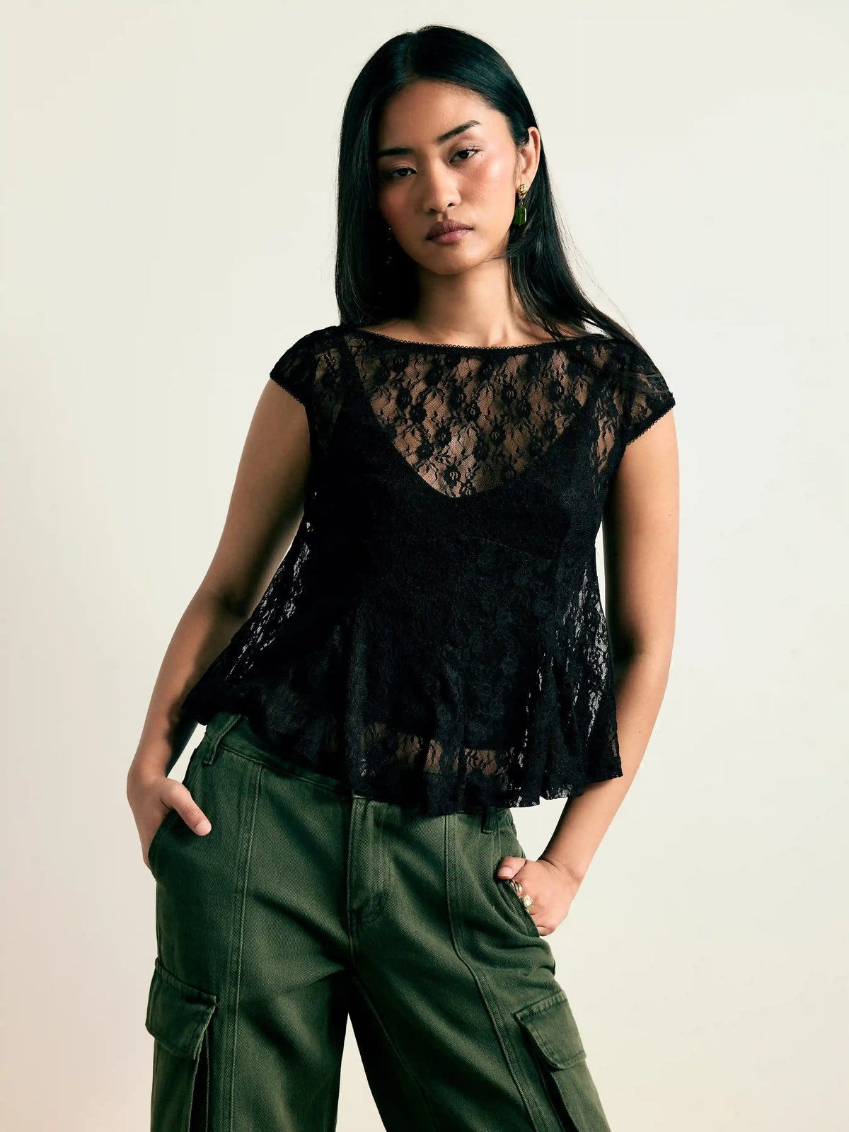 Lace Boat Neck Short Sleeve Backless Blouse & Cami Top Set