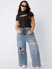 High Waist Ripped Straight Leg Jeans Curve & Plus